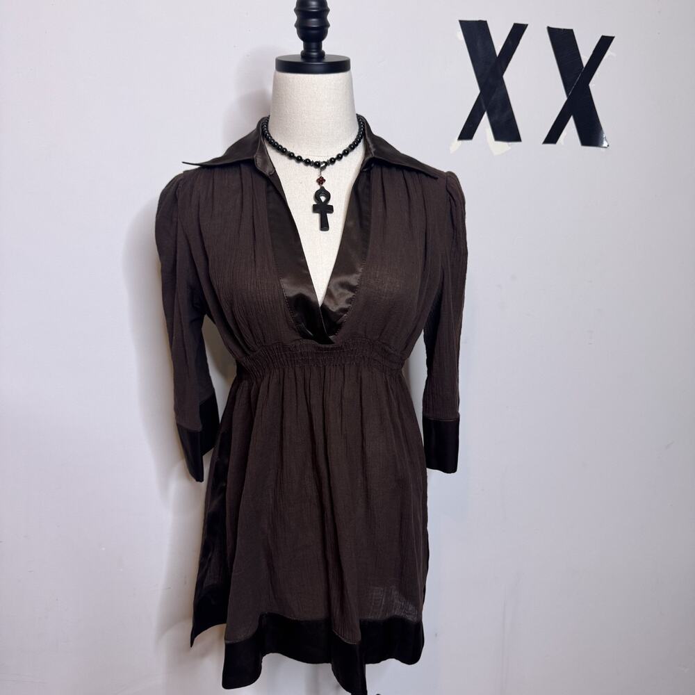 Vintage Y2K Bebe Chocolate Brown Deep V Neck Gauze Sheer Collared Babydoll Top S